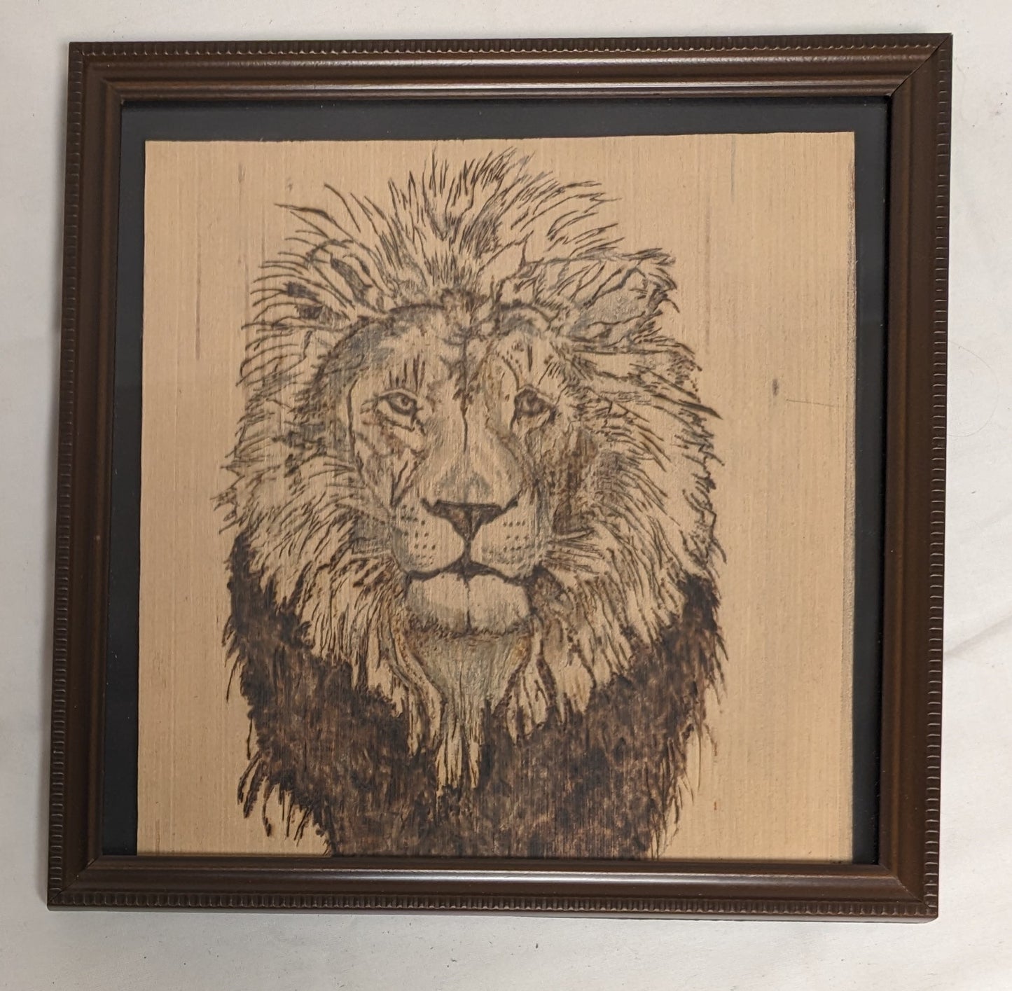 Art Vintage Handmade Pyrography Portrait on wood "  Old Lion"  in frame under glass