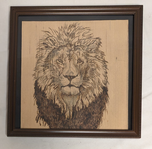 Art Vintage Handmade Pyrography Portrait on wood "  Old Lion"  in frame under glass