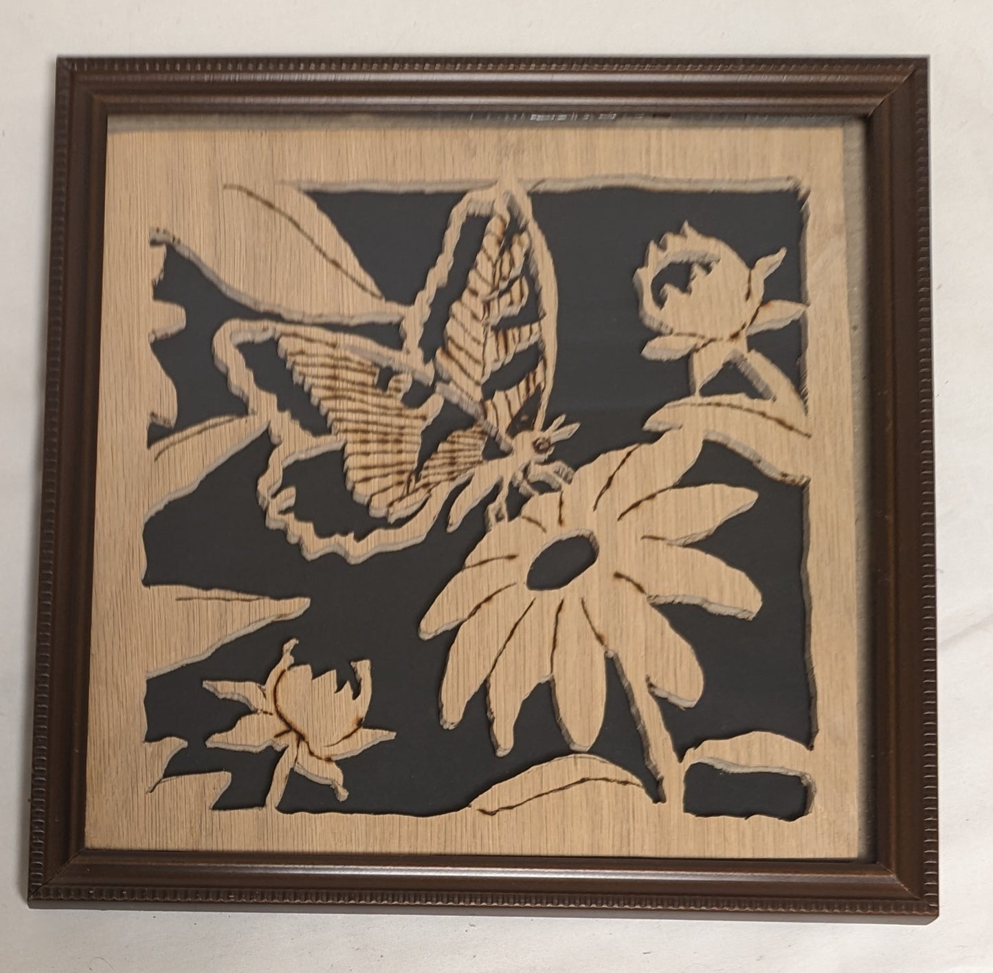 Art Vintage Handmade Scroll sawn Pyrography Cutout on wood "  Delicate Butterfly"  in frame under glass Credited and Autographed