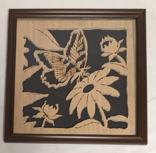 Art Vintage Handmade Scroll sawn Pyrography Cutout on wood "  Delicate Butterfly"  in frame under glass Credited and Autographed