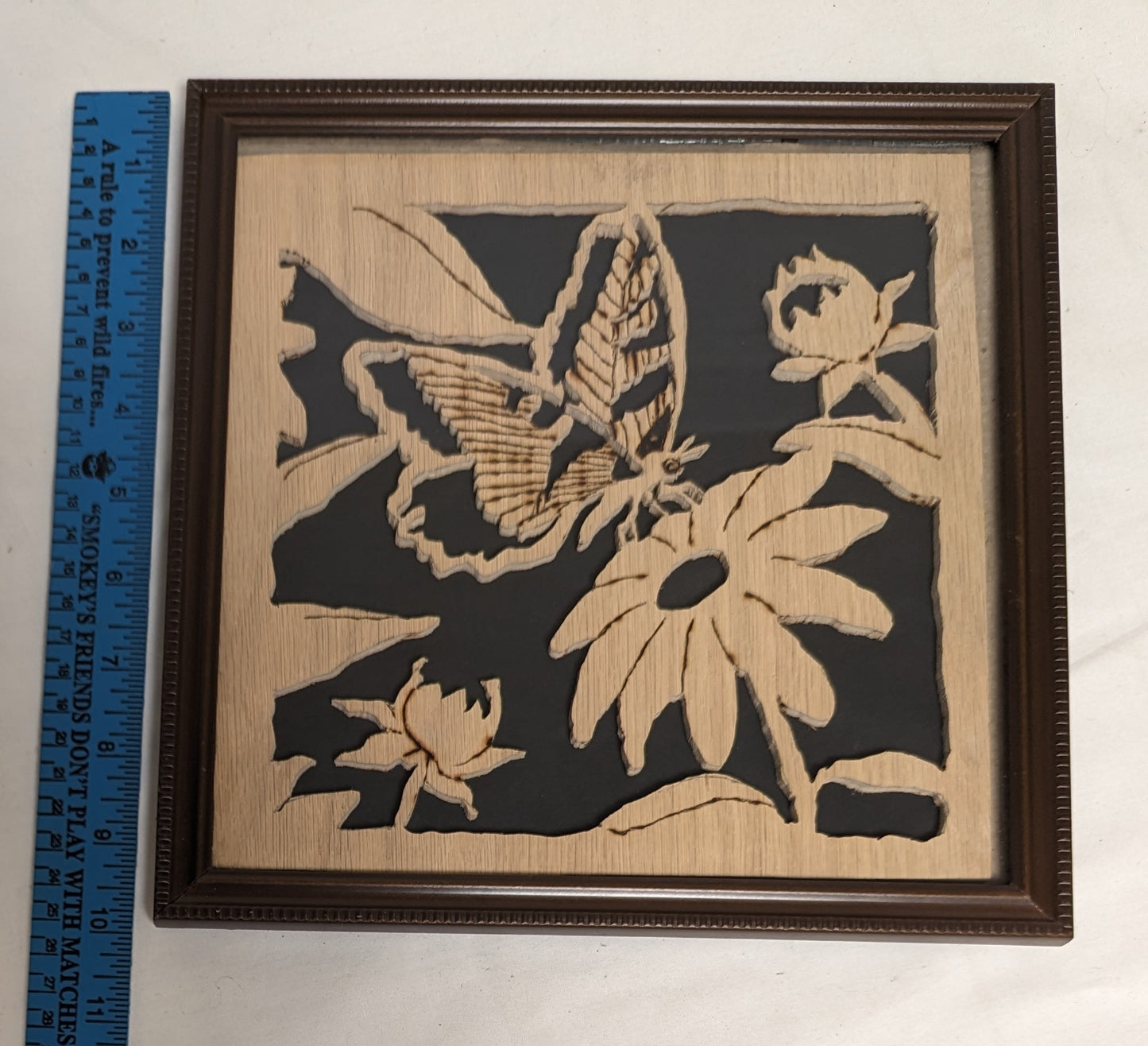 Art Vintage Handmade Scroll sawn Pyrography Cutout on wood "  Delicate Butterfly"  in frame under glass Credited and Autographed