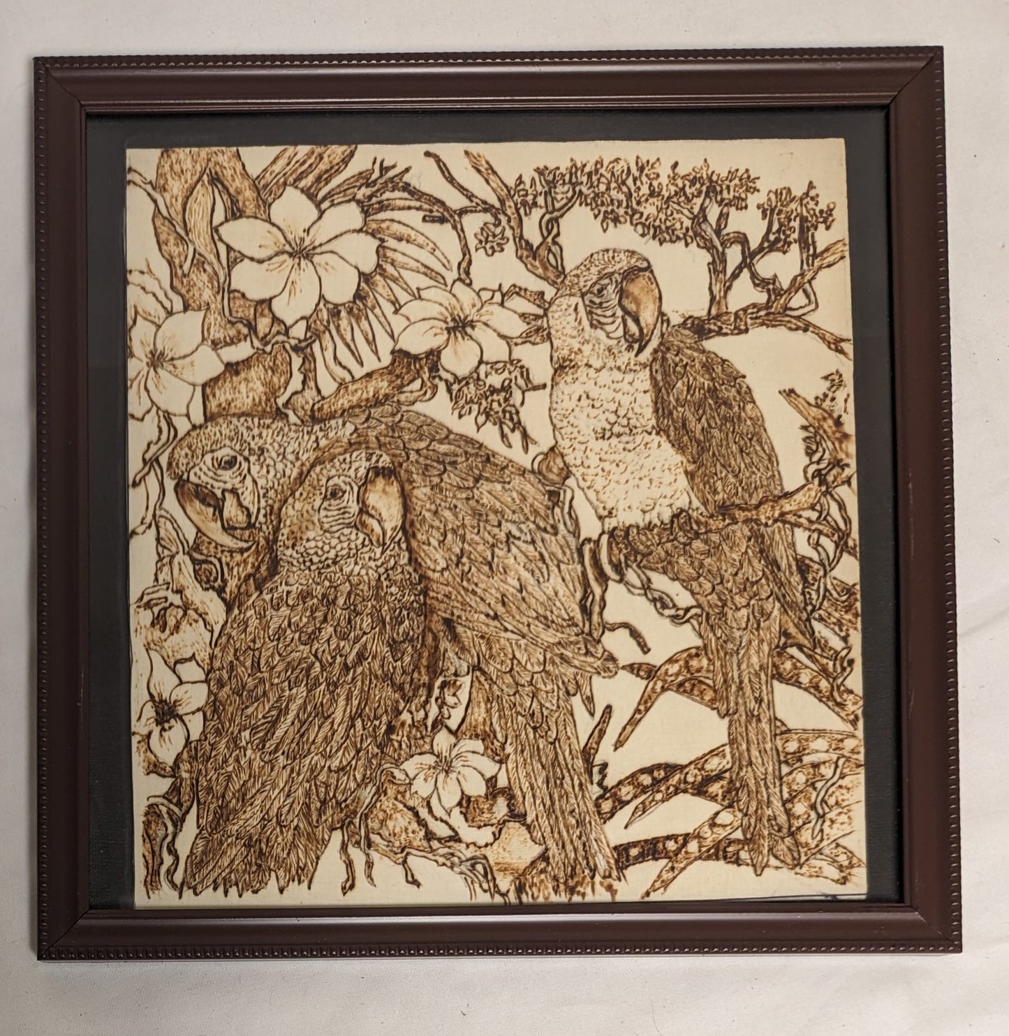 Art Vintage Handmade Pyrography on wood " Parrots in a Tree"  in frame under glass Credited and Autogrphed