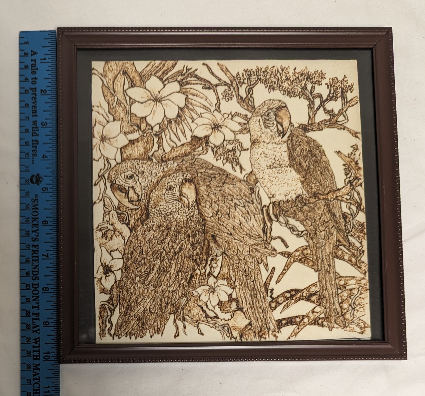 Art Vintage Handmade Pyrography on wood " Parrots in a Tree"  in frame under glass Credited and Autogrphed