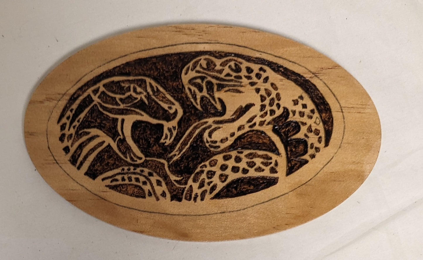 Art Vintage Handmade Pyrography on wood " Snake Heads Emblem"