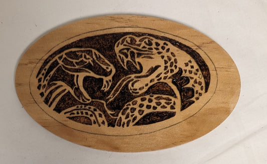Art Vintage Handmade Pyrography on wood " Snake Heads Emblem"