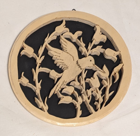 Art Vintage Handmade Pyrography on Scroll Sawn wood " Hummingbird in Buttercups"