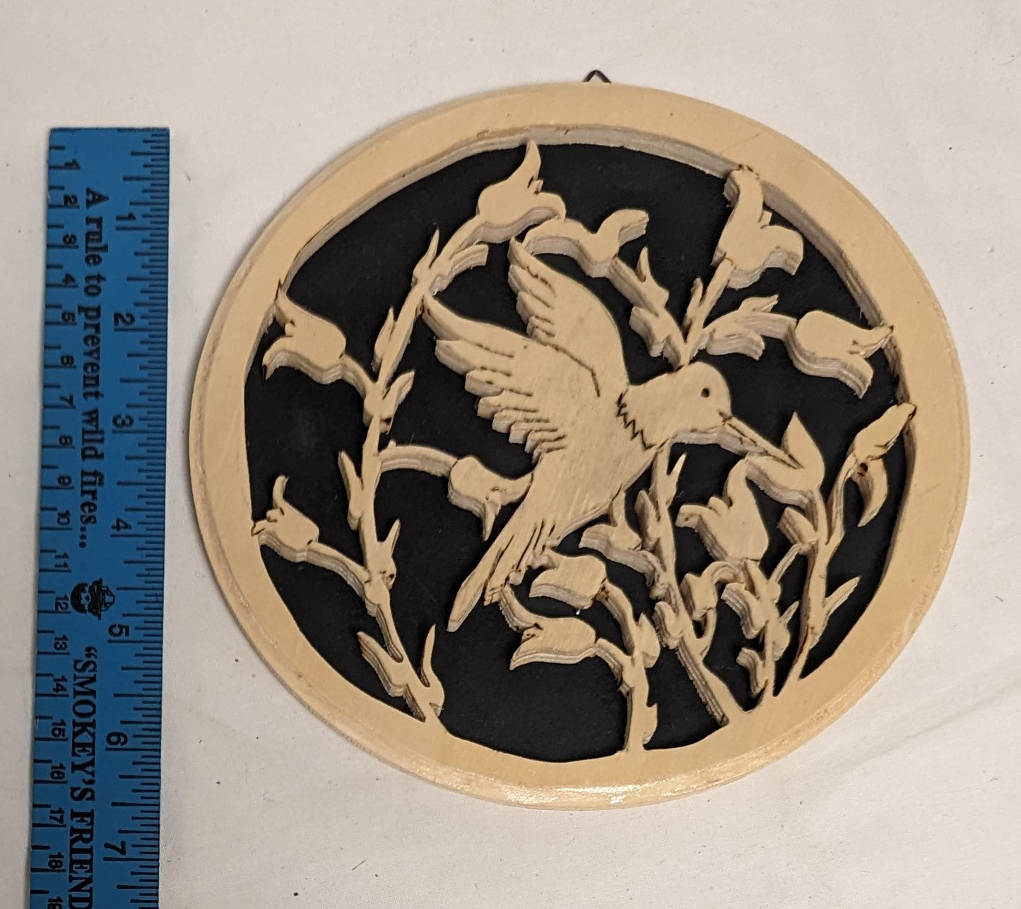 Art Vintage Handmade Pyrography on Scroll Sawn wood " Hummingbird in Buttercups"