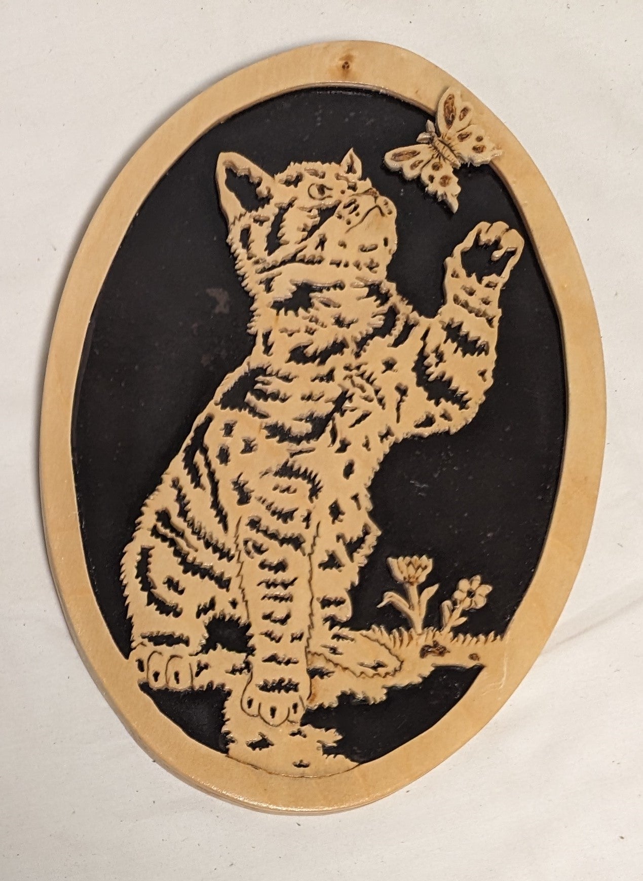 Art Hand Made Vintage Scroll Sawn wood cutout " Kitten After a Butterfly"  Credited and Autographed