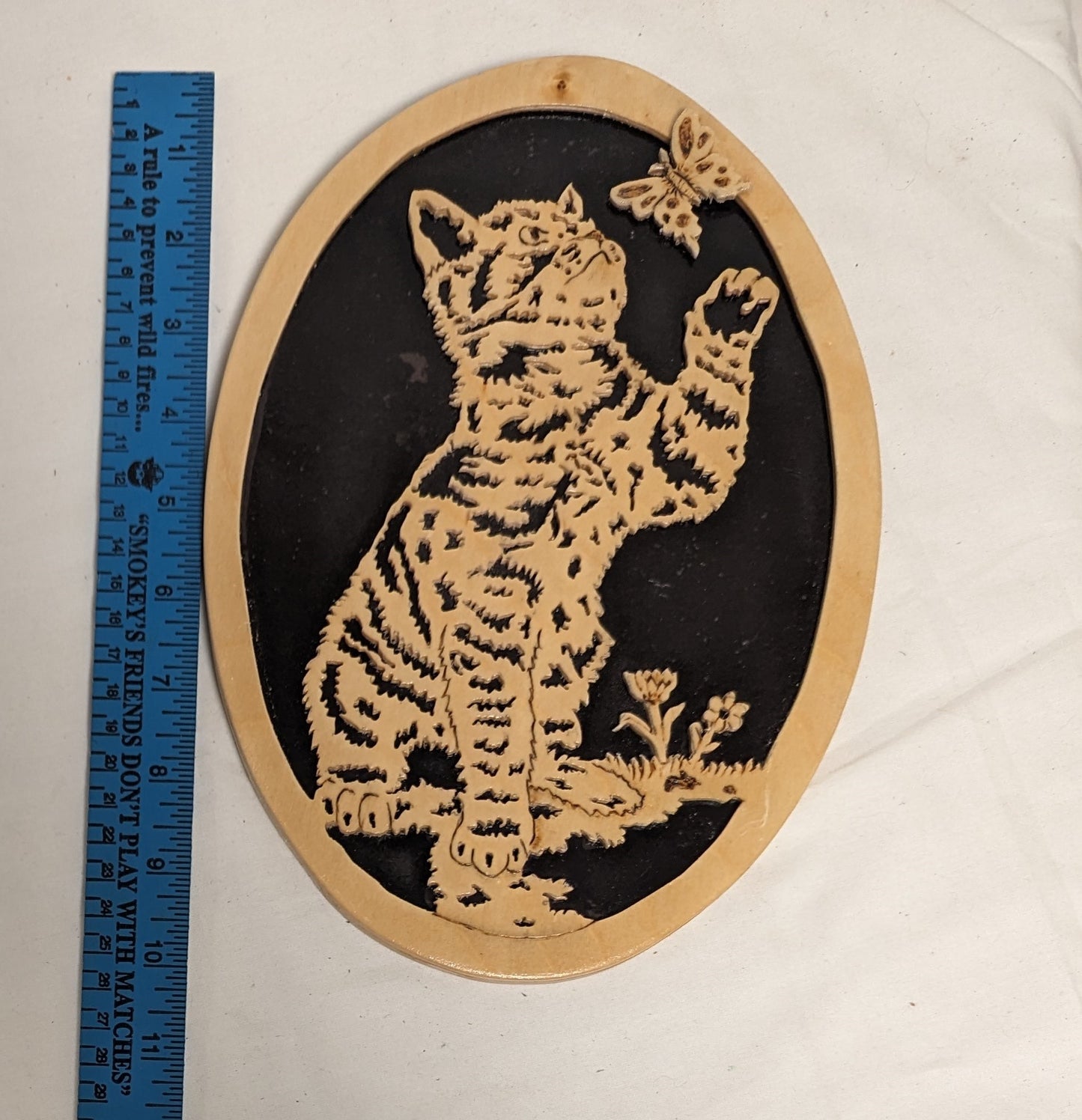 Art Hand Made Vintage Scroll Sawn wood cutout " Kitten After a Butterfly"  Credited and Autographed
