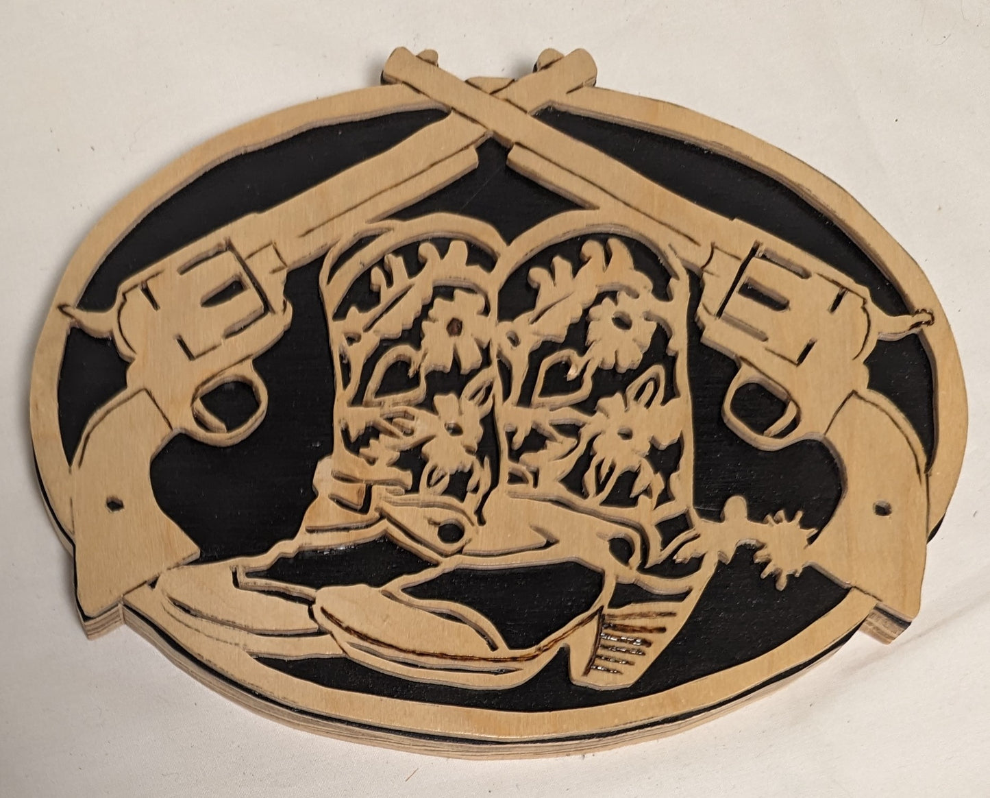 Art Handmade scroll sawn Pyrography on wood Emblem " Boots and Pistols"  wall hanging