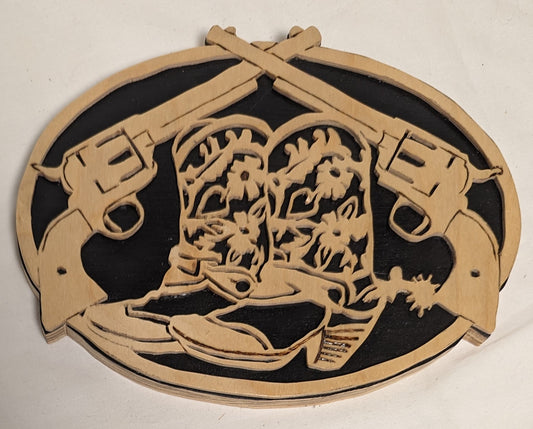 Art Handmade scroll sawn Pyrography on wood Emblem " Boots and Pistols"  wall hanging