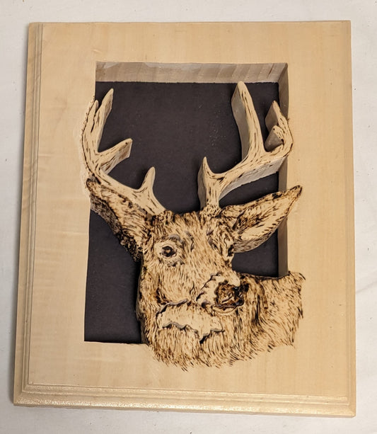 Art Handmade scroll sawn Pyrography on thick wood "Buckhead in Frame"  wall hanging