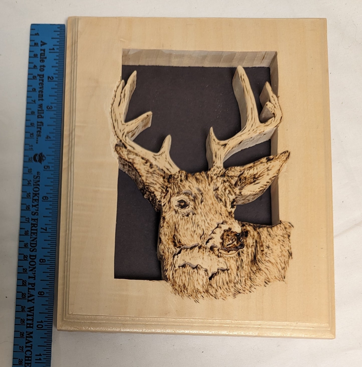 Art Handmade scroll sawn Pyrography on thick wood "Buckhead in Frame"  wall hanging