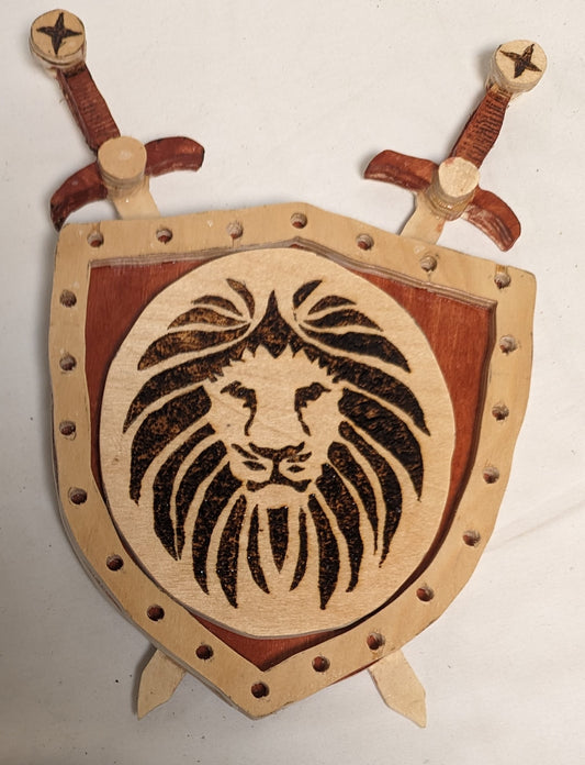 Art Handmade scroll sawn Pyrography on wood "Lionhead Arms" swords and sheild  wall hanging