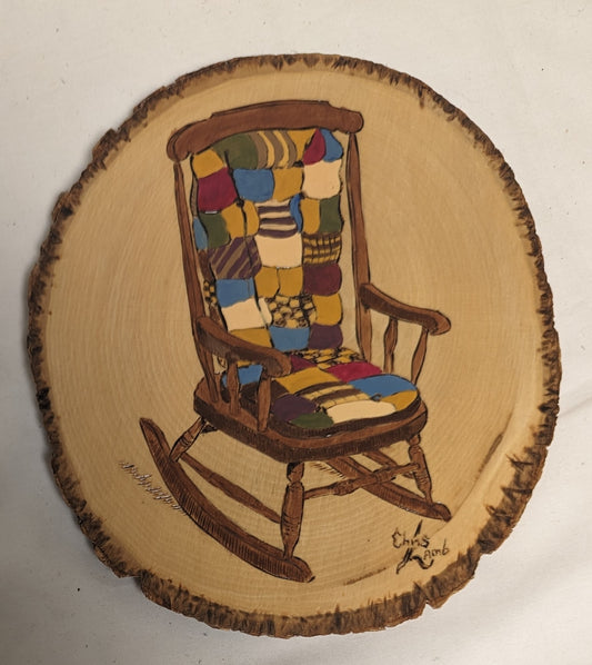 Art Handmade Vintage Pyrography on liveedge wood colored Folk Art "Rocking Chair Cushion" Wall decor