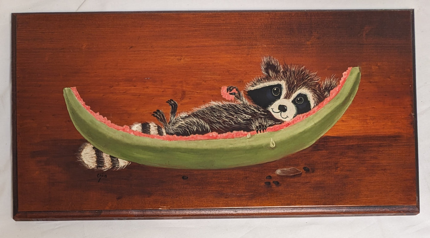 Art Rare Handmade Painting on wood "Racoon in Watermellon" Wall hanging Autographed