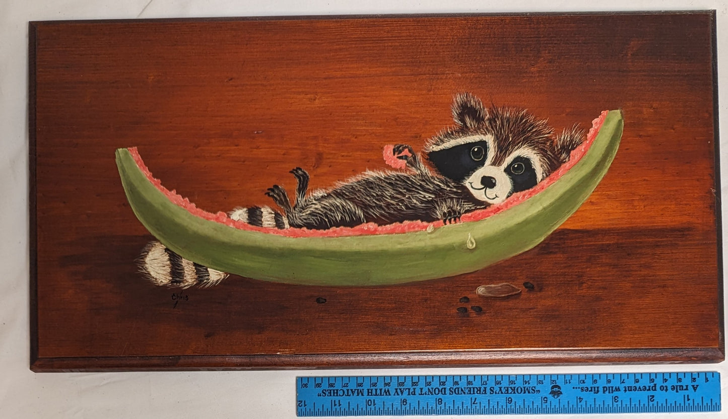 Art Rare Handmade Painting on wood "Racoon in Watermellon" Wall hanging Autographed