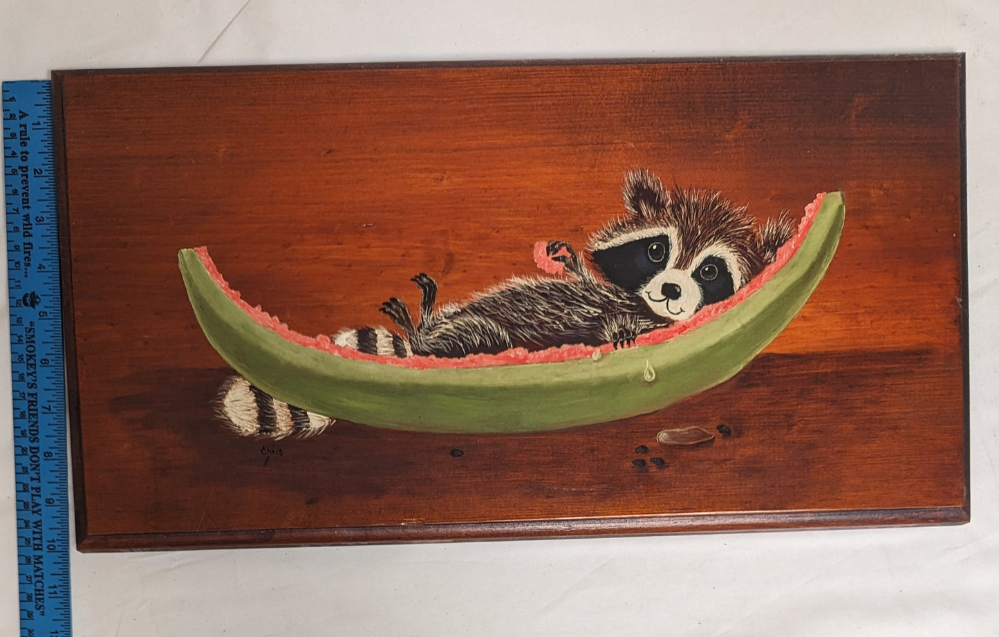 Art Rare Handmade Painting on wood "Racoon in Watermellon" Wall hanging Autographed
